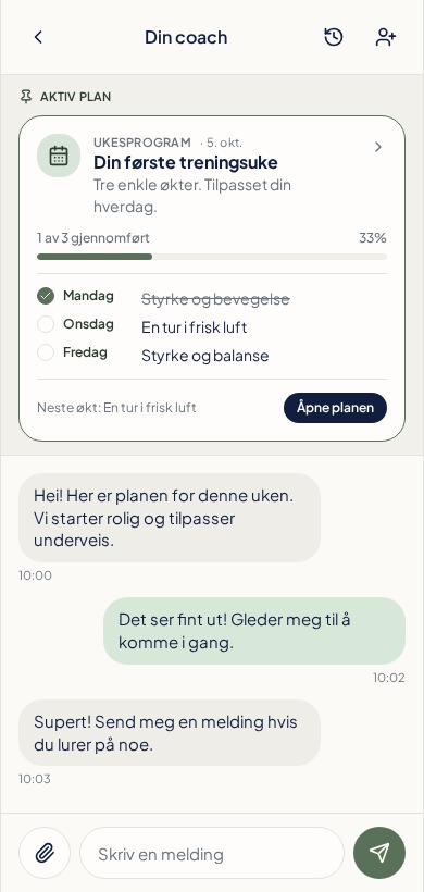 EM-plattformen på en telefon: tilpasset ukeplan, økter og samtale med din coach